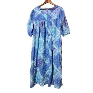 Only Necessities Women Size Large Boho Blue Patchwork Maxi Nightgown Dress Mumu